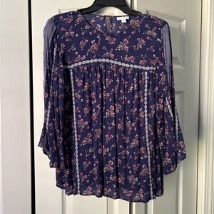 J. Jill Navy Floral Blouse with Lace Accents